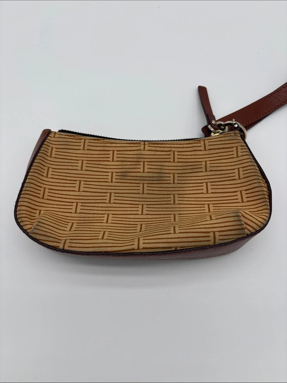 Kate Spade Tan Cloth Brown Leather Wristlet Wallet BLEMISH